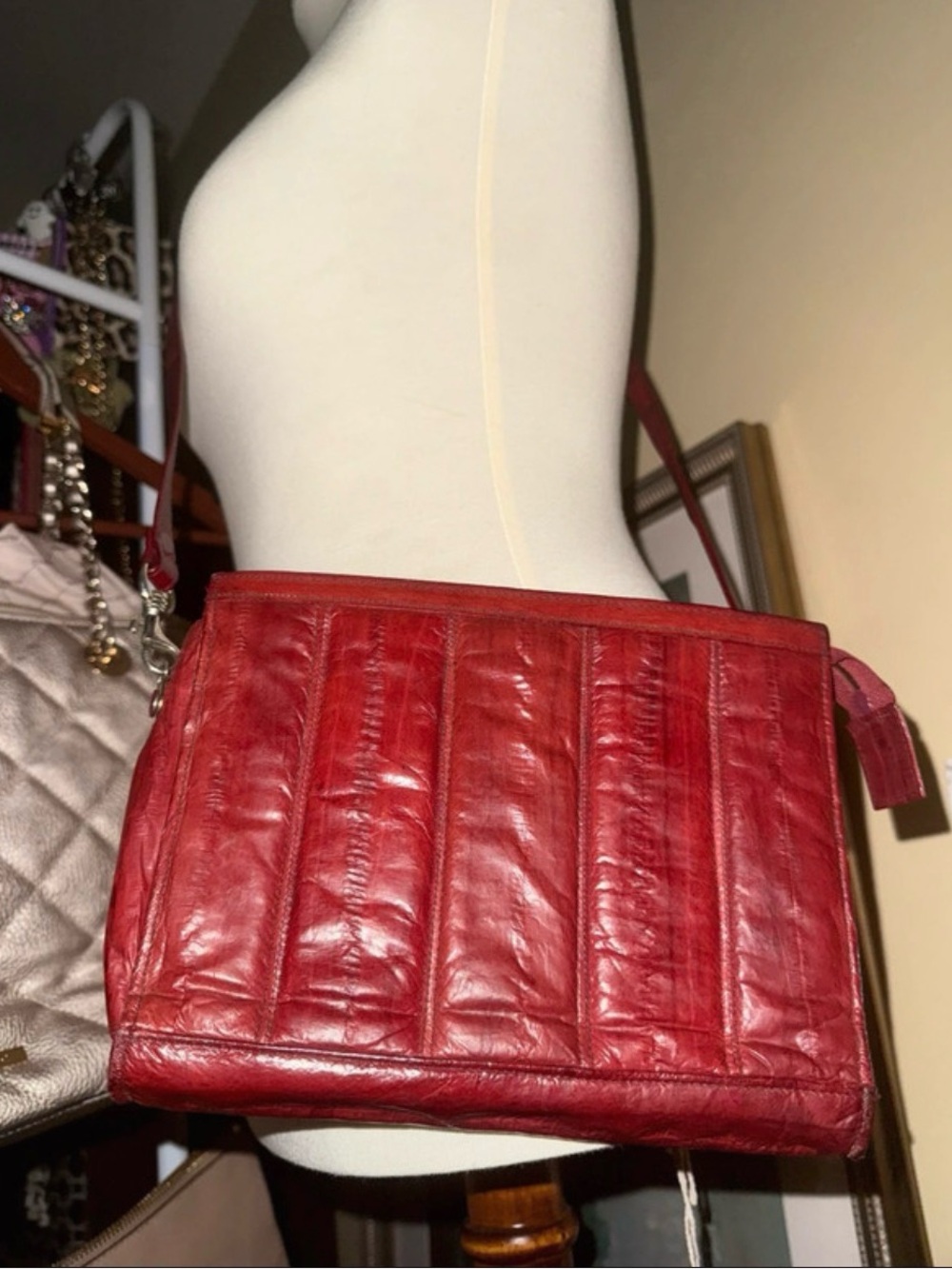 Genuine eel skin dark red convertible bag red suede lining